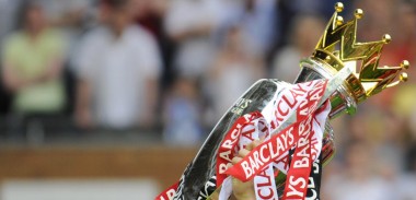 Barclays Premier League Trophy with red and white ribbons